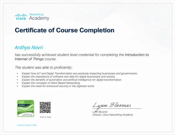 Cisco Networking Academy — Introduction to IoT course completion