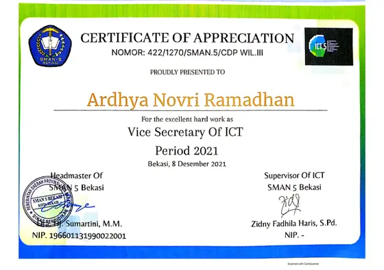 ICT SMA Negeri 5 Bekasi — Vice Secretary certificate of appreciation