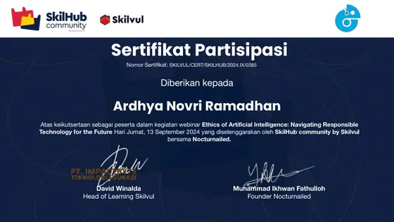 SkilHub — Ethics of Artificial Intelligence webinar certificate