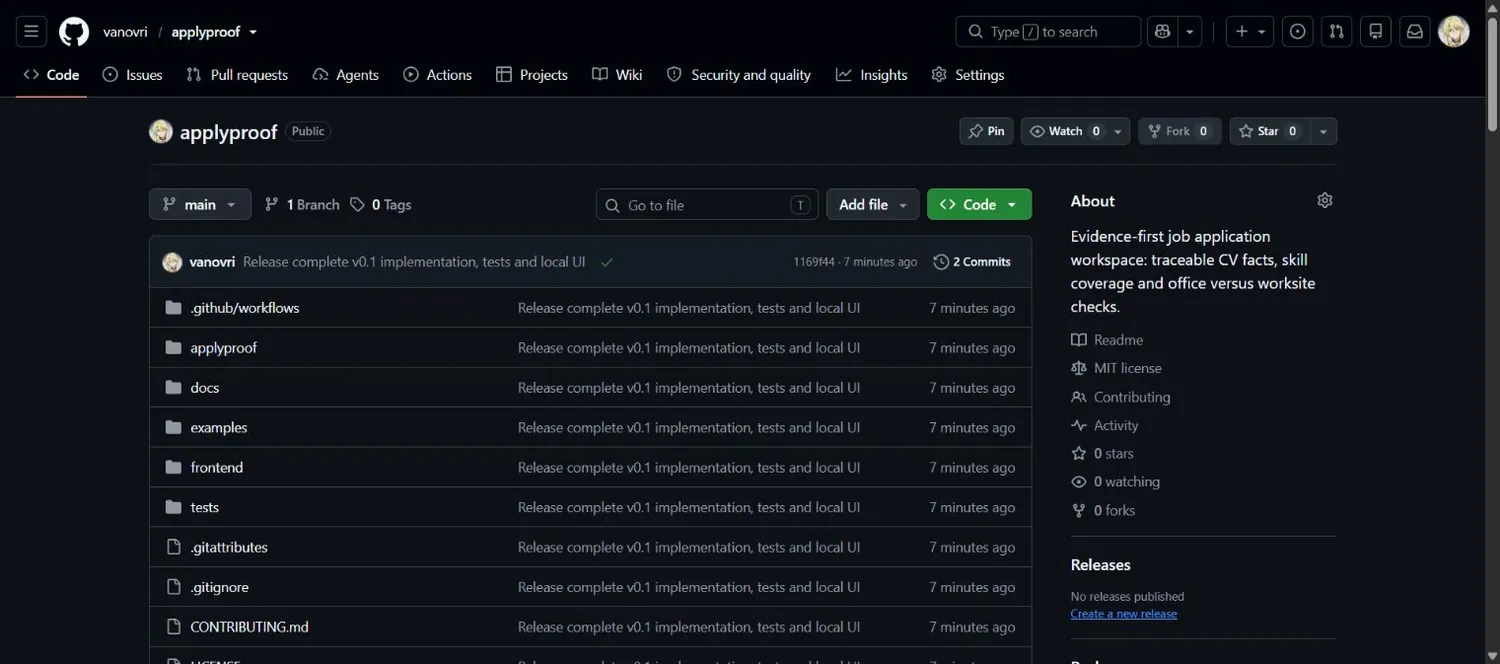 Screenshot of the public ApplyProof repository on GitHub