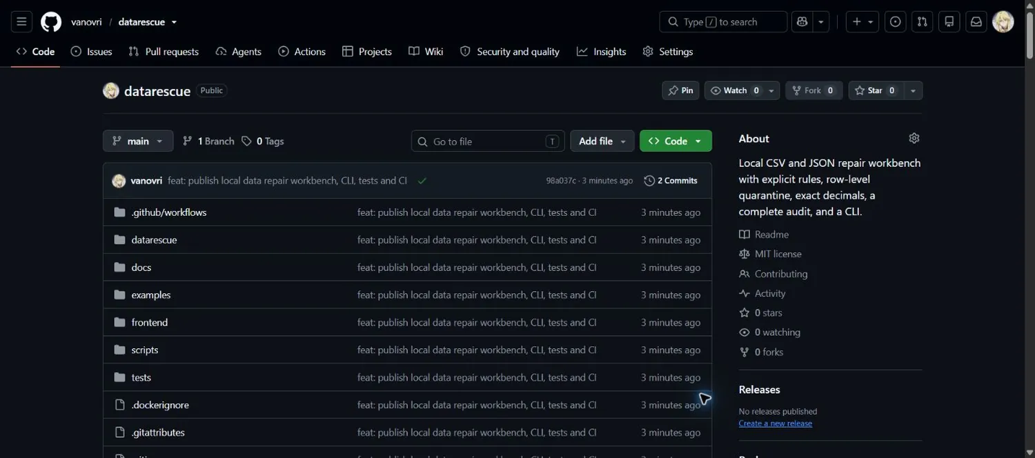Screenshot of the public DataRescue repository on GitHub