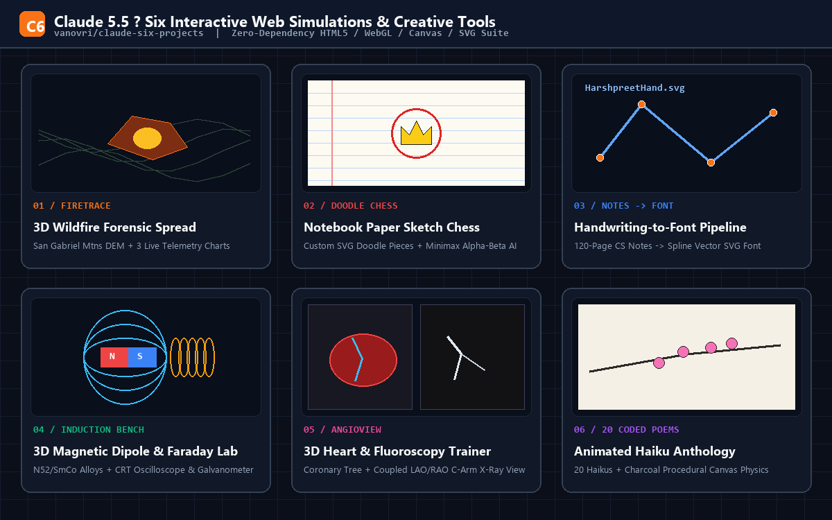 Claude 5.5 Six Interactive Web Simulations Suite overview grid