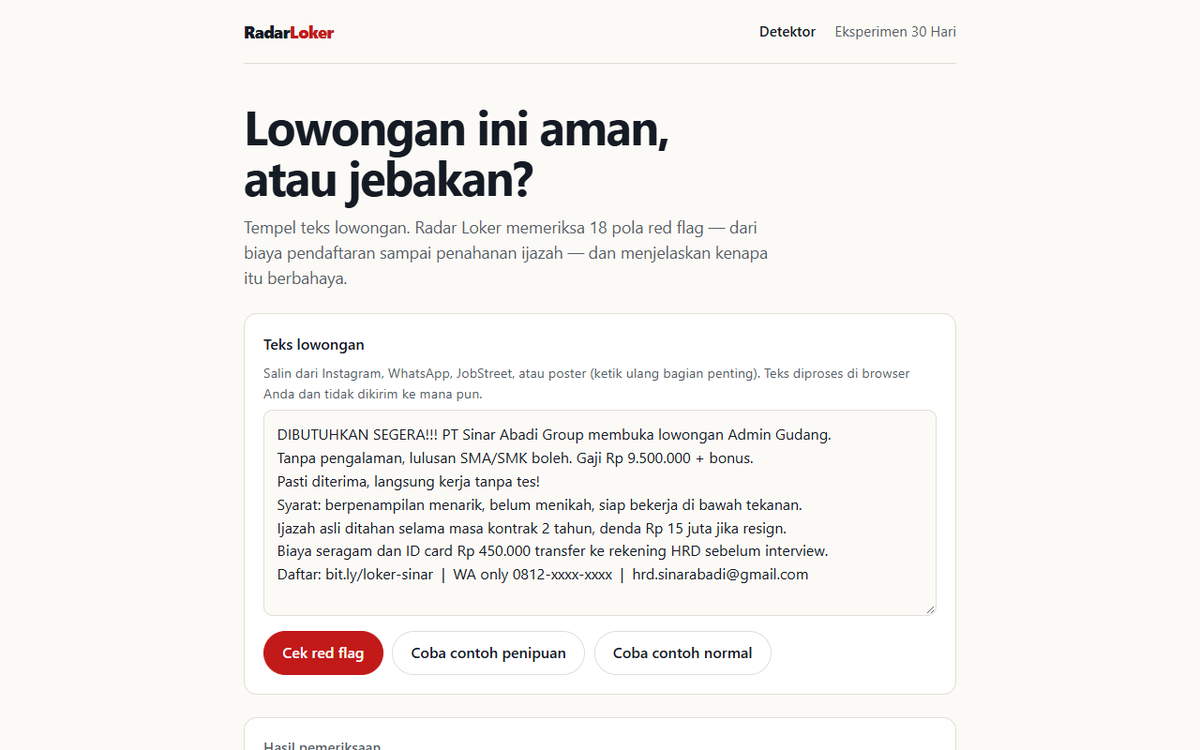 Radar Loker & Lab 7-in-1 Suite showing red-flag analysis score 100/100 and the 7-tool launchpad