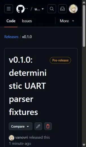 GitHub release page for uart-fixture-kit v0.1.0: deterministic UART parser fixtures